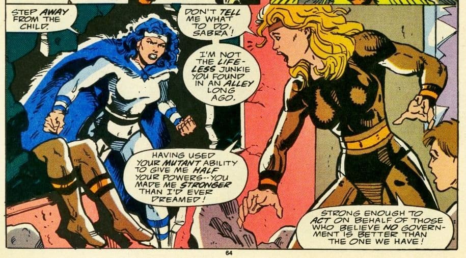 Marvel Super Heroes 1990 scene showing Sabra fighting against an Israeli character who is aiming to change the Israeli Government 