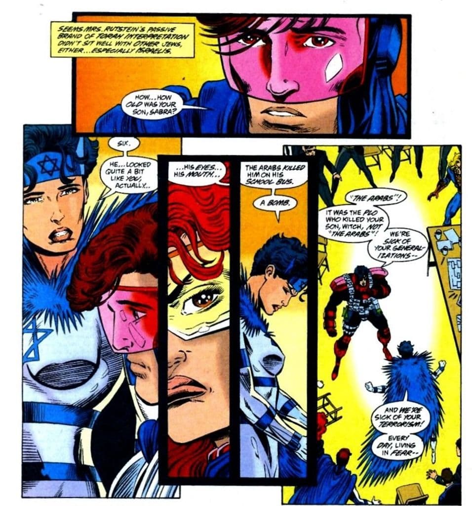 Marvel The New Warriors comic showing Sabra blaming "Arabs" for the death of her kid