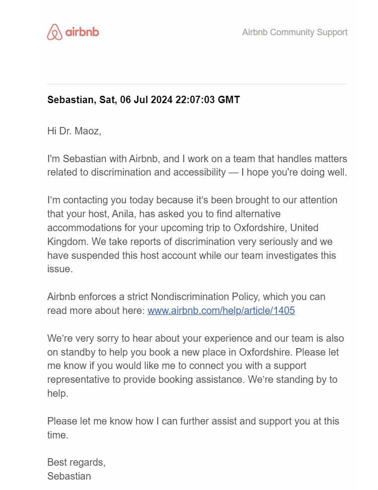 Airbnb letter to Darya Moaz